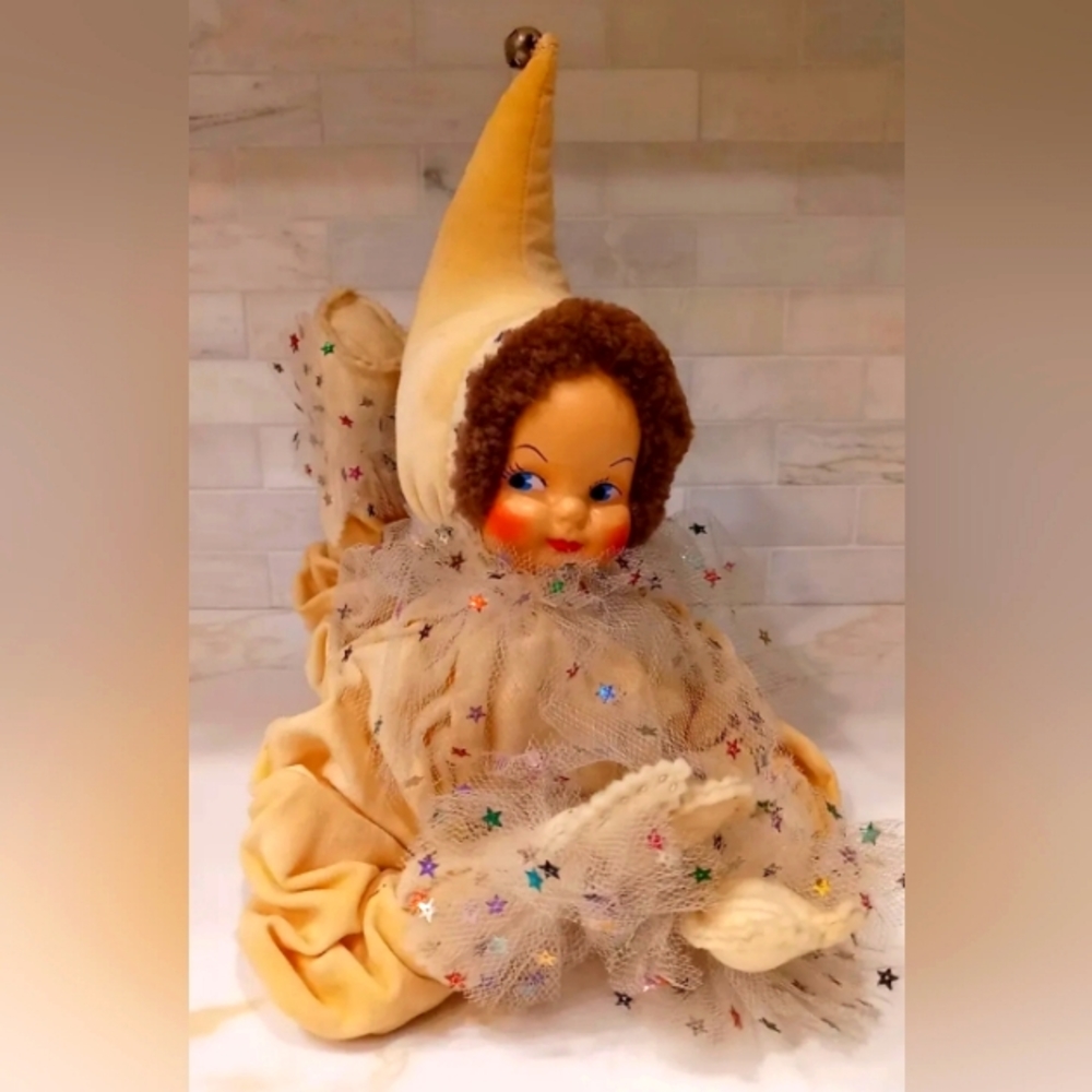 Vtg Christmas Pixie Elf Large Bendable Plastic Face 1950s 60s Era Jester Doll